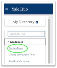 screenshot of Yale Hub showing the Declare a Major link in the Academics dropdown menu
